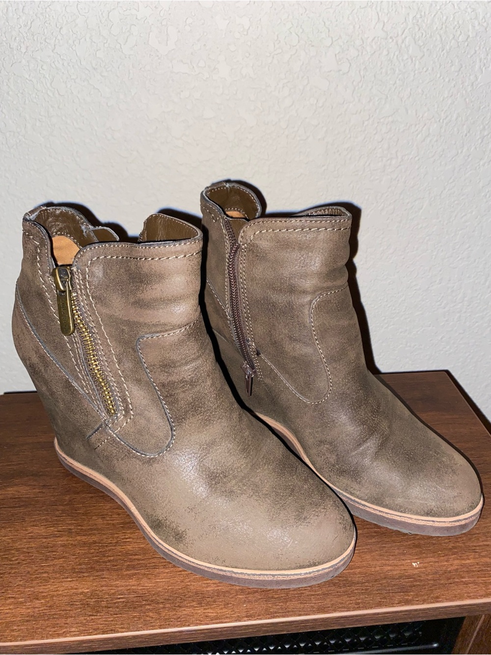 Indigo Brown Wedge Ankle Boots with Side Zippers